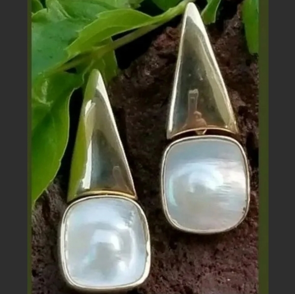 Earrings 14k Gold Blister Pearl Drop Vintage -Gemstone Earrings-Estate  9.6g - Picture 4 of 12